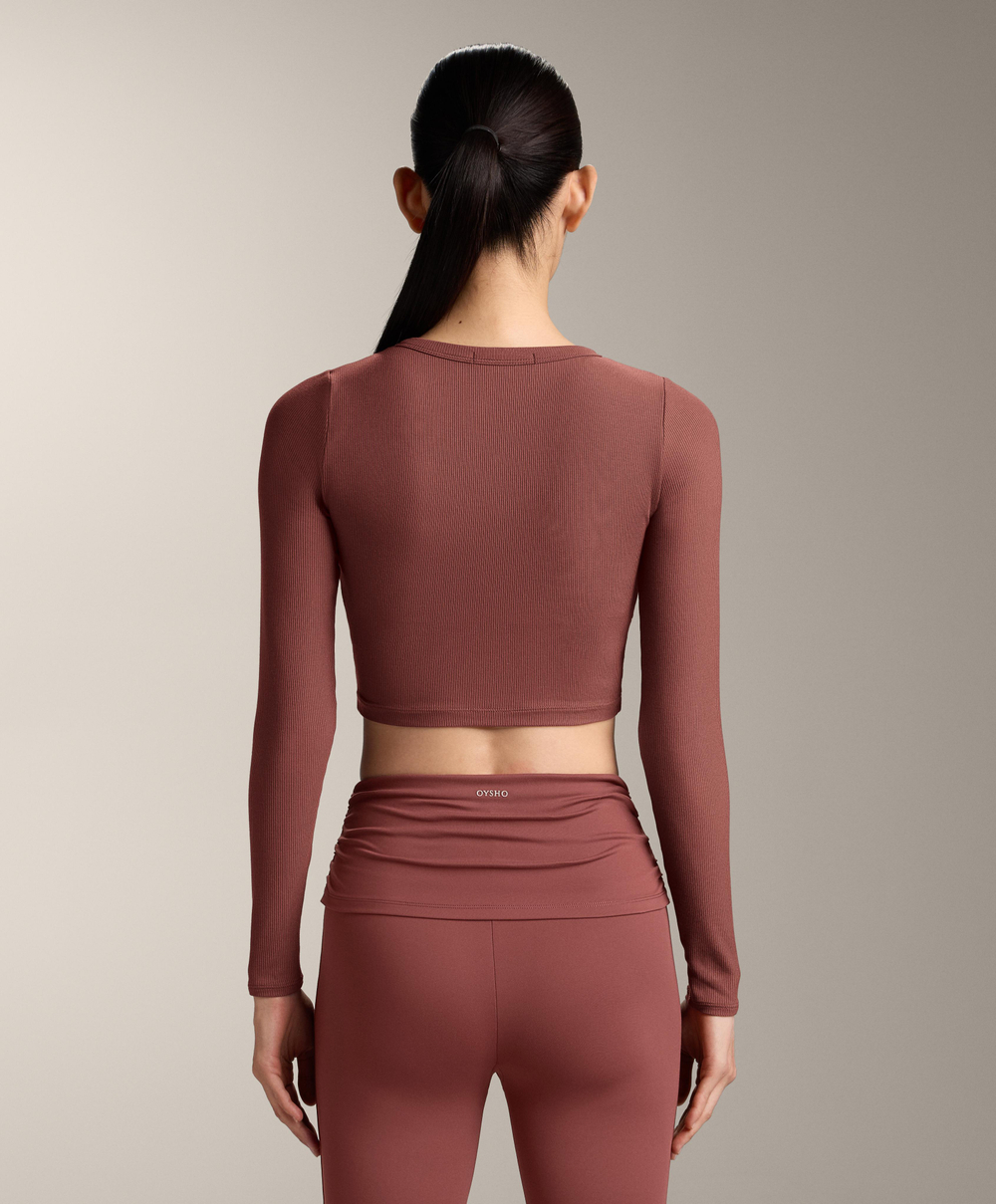 Oysho Топ Comfortlux с перекрестными деталями и длинными рукавами, линялый махагон