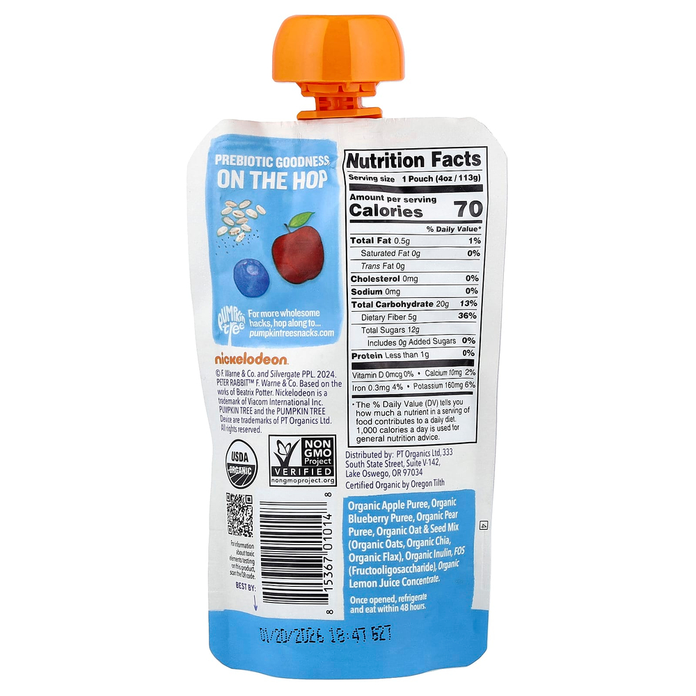 Pumpkin Tree Organics, Peter Rabbit™ Organics, органическое фруктовое пюре, овсяные хлопья и семена, яблоко и голубика, 113 г (4 унции)