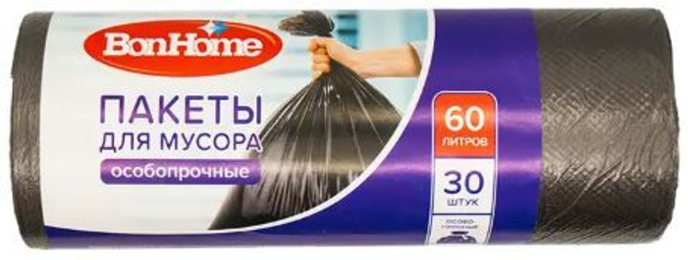 Пакеты для мусора особопрочные, BonHome, 60 л, 30 шт.