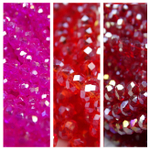 Хрустальные бусины "рондель", комплект из трех цветов: малиновый с AB покрытием, ярко-красный с AB покрытием, красный с AB покрытием, размер: 2х3 мм, общее количество: 290-300 бусин.