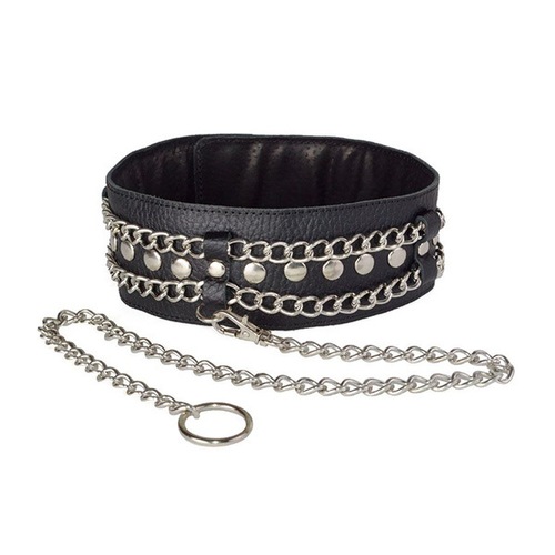 Чёрный кожаный ошейник с цепочками и поводком Sitabella BDSM Accessories 3101-1