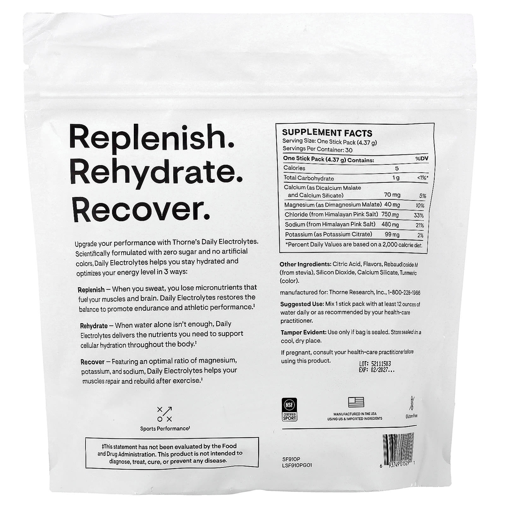 Thorne, ежедневные электролиты, со вкусом манго и лаймада, 30 пакетиков по 4,37 г (0,15 унции)
