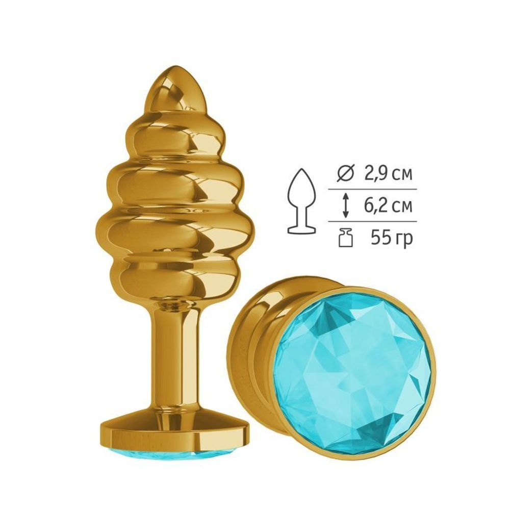 512-05 AQUA-DD / Анальная втулка Gold Spiral с голубым кристаллом маленькая