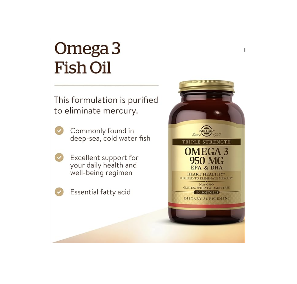 Solgar Triple Strength Omega-3 950 мг, 100 мягких таблеток - Поддерживает здоровье сердечно-сосудистой системы, суставов и кожи - Полезная добавка для сердца - Незаменимые жирные кислоты - Без ГМО, без глютена и молочных продуктов - 100 порций