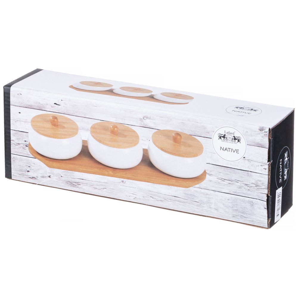 НАБОР БАНОК С ДЕРЕВ. КРЫШКОЙ LEFARD "NATIVE" 3 ШТ. 8,5*6,5 СМ 150 МЛ НА ДЕРЕВ. ПОДСТАВКЕ (КОР=24ШТ.)