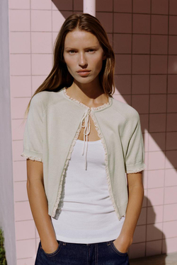 ZARA КАРДИГАН С БАНТОМ И КРУЖЕВОМ, ПАСТЕЛЬНО-ЗЕЛЕНЫЙ