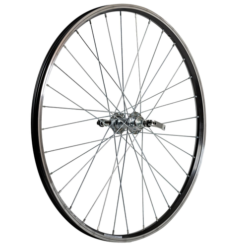 Колесо 26" заднее, алюминиевый двойной обод, алюм. втулка, черное, 32Н Disk под трещотку, ПП+эксцентрик
