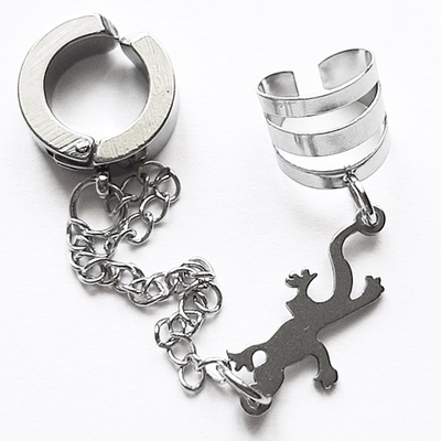 Клипсы (набор) для имитации пирсинга уха "Ящерица" (без прокола). Медицинская сталь.