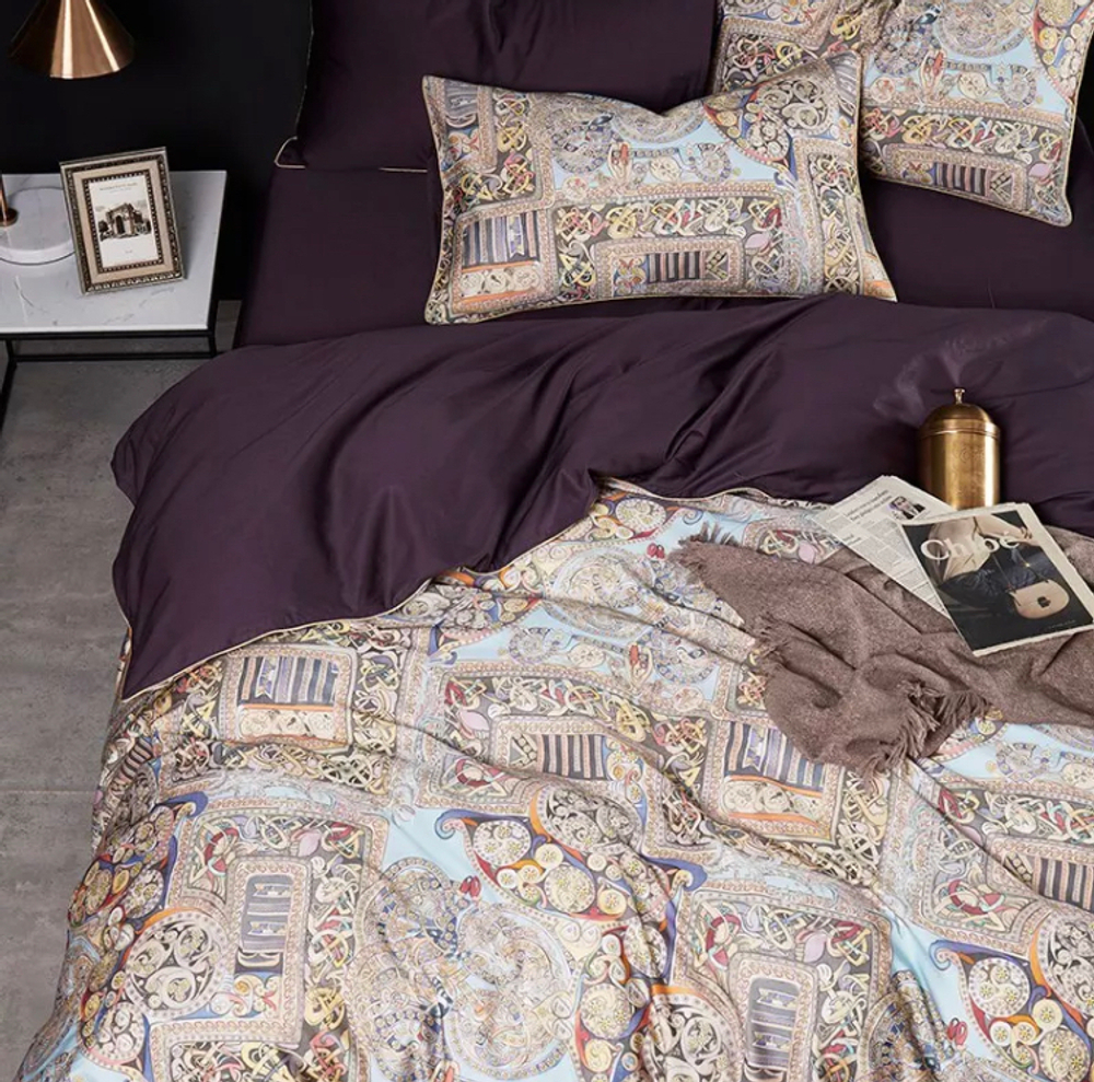 Постельное белье ЕВРО (двуспалка) Египедский Хлопок Египедский узоры на коричневом