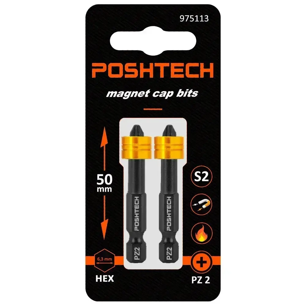 Бита с магнитным держателем / ограничителем, пружинистый механизм, S2 / износостойкая, PZ2 x 50мм 2шт. POSHTECH