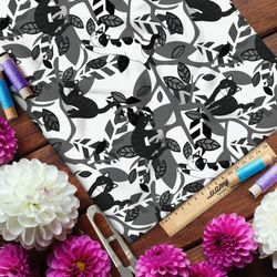 Ткань лён чёрные коты на серых деревьях