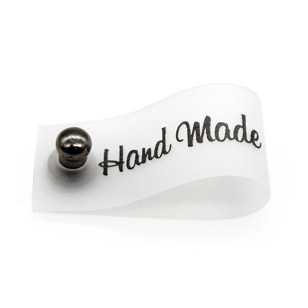 Силиконовая бирка Hand Made с кнопкой черная печать 1,5*7см