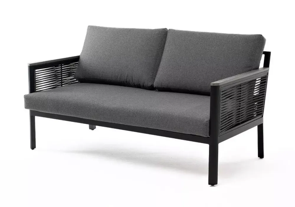 "Сан Ремо" диван 2-местный плетеный из роупа, каркас алюминий темно-серый, роуп серый, ткань серая