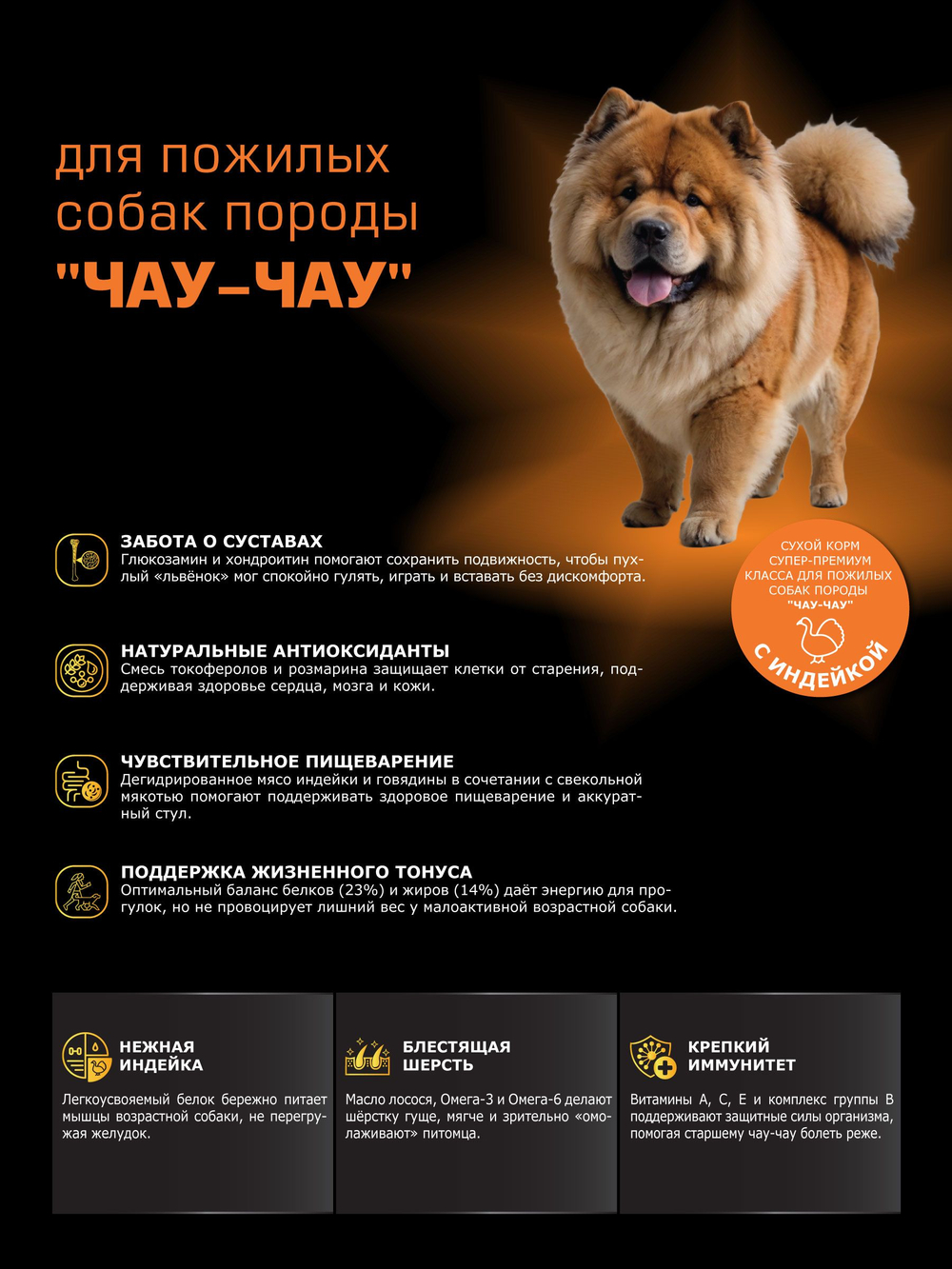 Корм сухой для пожилых собак породы Чау-чау старше 5 лет, с индейкой, 3 кг, QUATTRO