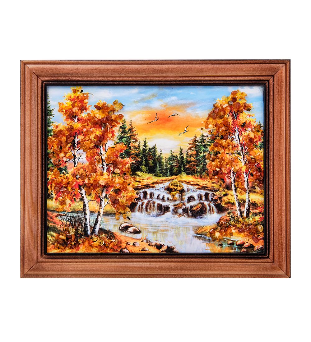 AMB-74/21 Картина «Каскад на реке» (с янтарной крошкой) дер.краш.рамка 12х15
