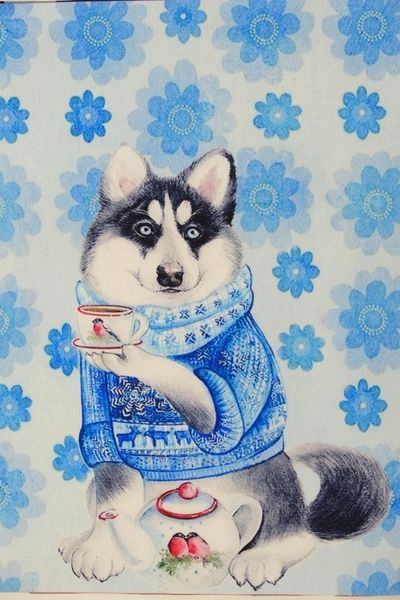 ХАСКИ С ЧАЕМ Панно, холст 20 / 15 см 1