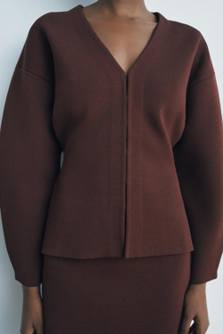 ZARA ОДНОТОННЫЙ ПРИТАЛЕННЫЙ КАРДИГАН, КОРИЧНЕВЫЙ