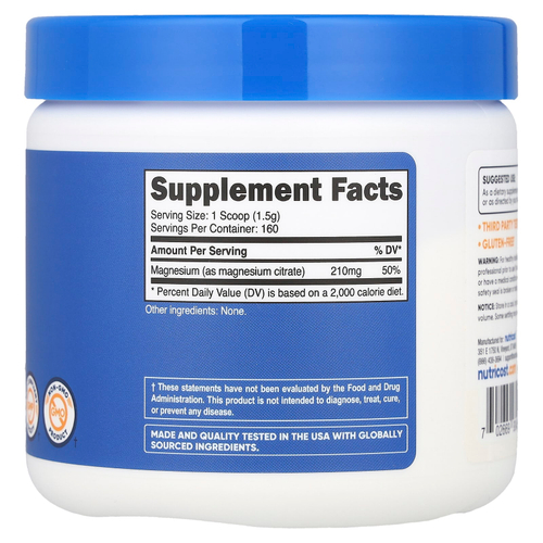 Nutricost, Цитрат магния, без добавок, 250 г (8,8 унции)