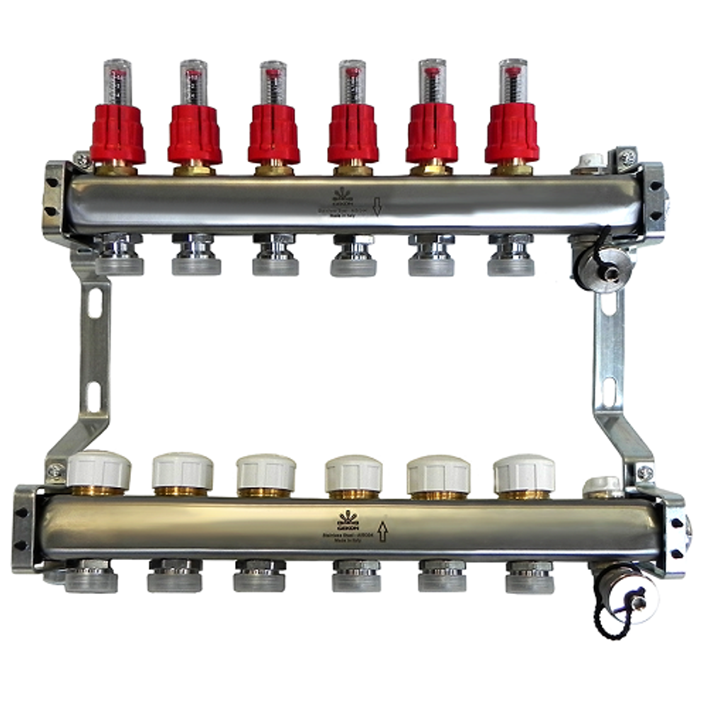 Коллекторный блок для тепл.пола 1&quot;x3/4&quot;EU отв.-6, в комплекте: расходомеры, термостат. клапаны, сливн. краны, ручн.возд., кронштейны, заглушки