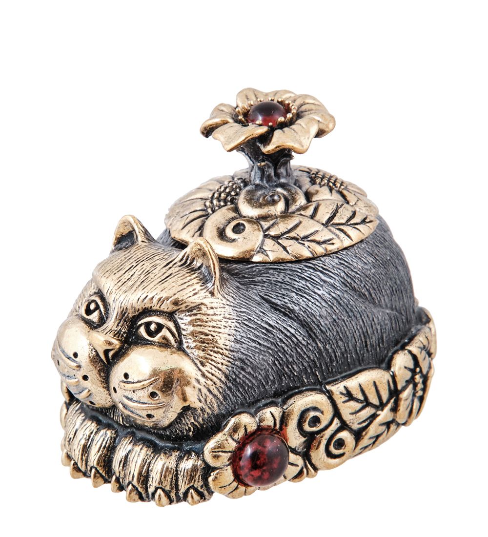 Народные промыслы AM-3955 Шкатулка «Кот в цветах» (латунь, янтарь)