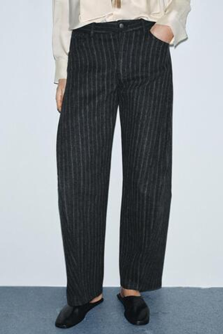 ZARA БРЮКИ-БАНАНЫ В ПОЛОСКУ — ZW COLLECTION, СЕРЫЙ МЕЛАНЖ