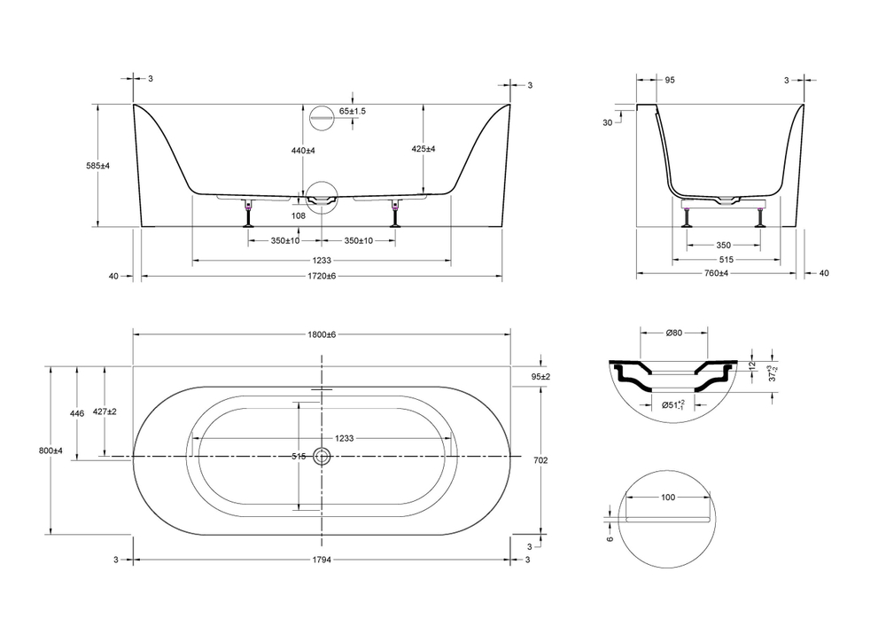 Ванна акриловая Vincea VBT-703-1800, 1800*800*585, цвет белый, щелевой перелив, слив белый