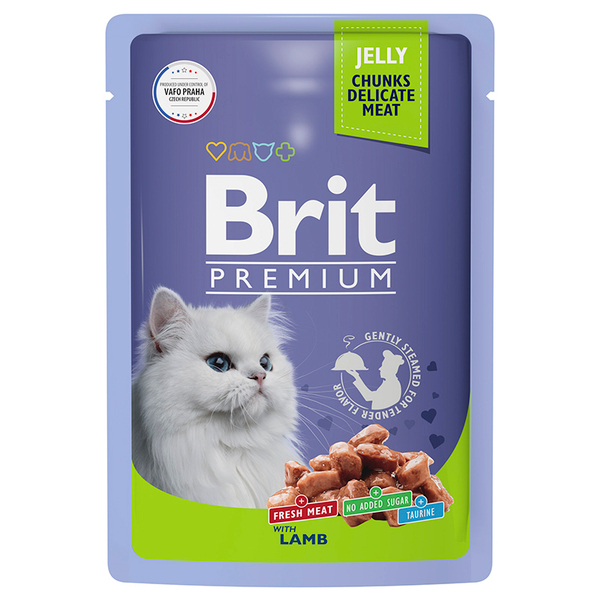 Влажный корм Brit Premium с ягненком кусочки в желе, для взрослых кошек, 85 г.