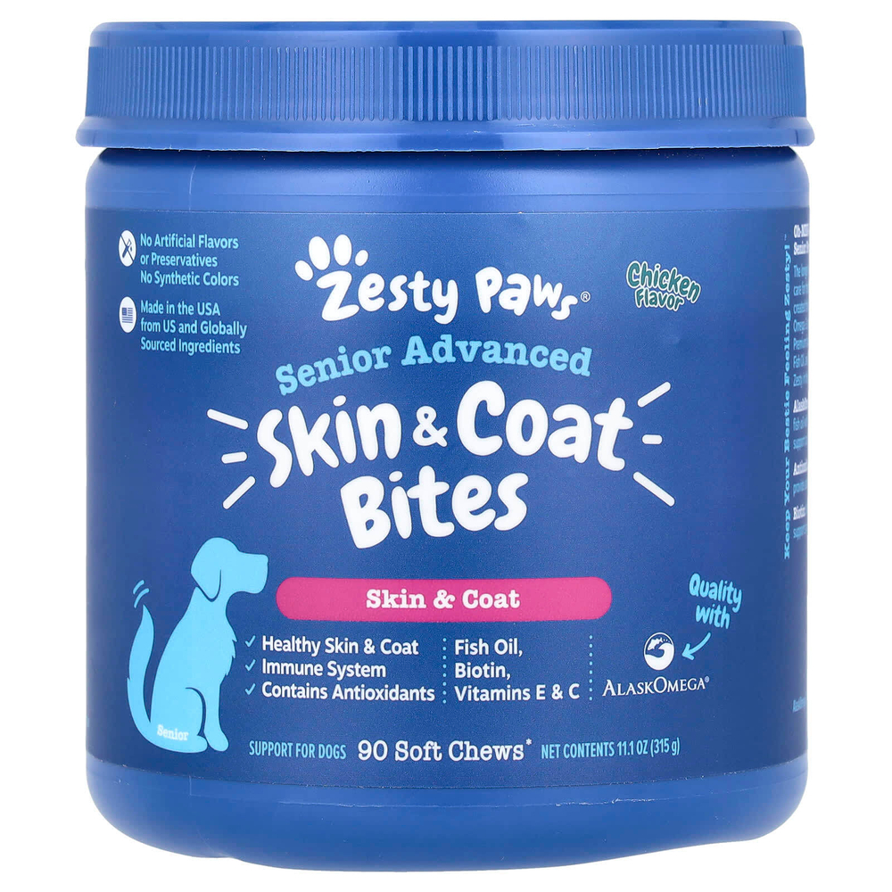 Zesty Paws, Senior Advanced, Skin & Coat Bites, For Dogs, Chicken, 90 Soft Chews, 11.1 oz (315 g)