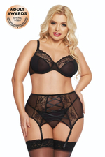 Комплект Dolores: бюстгальтер, стринги и пояс для чулок черный XXL