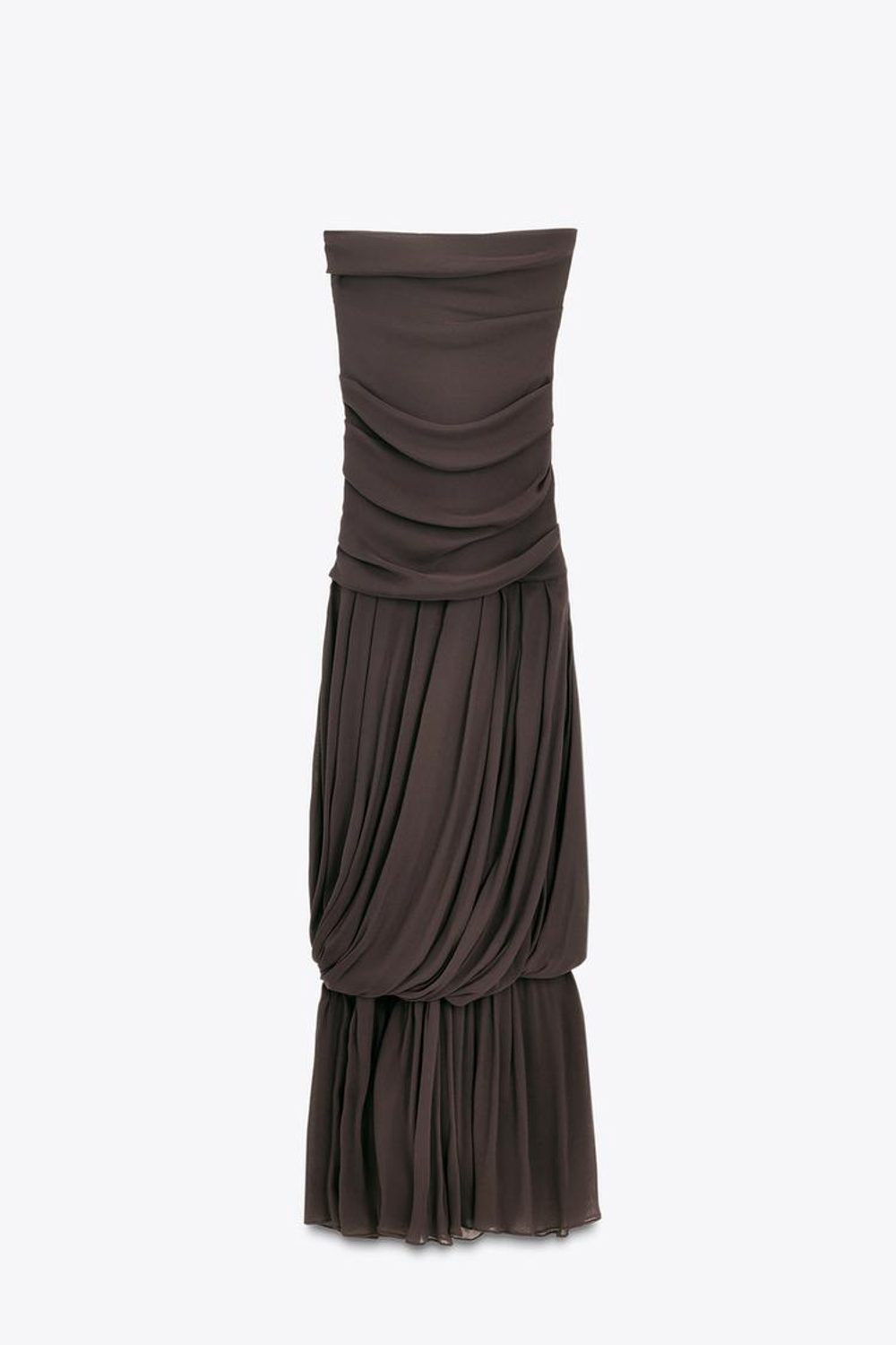 ZARA ДЛИННОЕ ПЛАТЬЕ БЕЗ БРЕТЕЛЕЙ СО СБОРКАМИ LIMITED EDITION, КОРИЧНЕВЫЙ