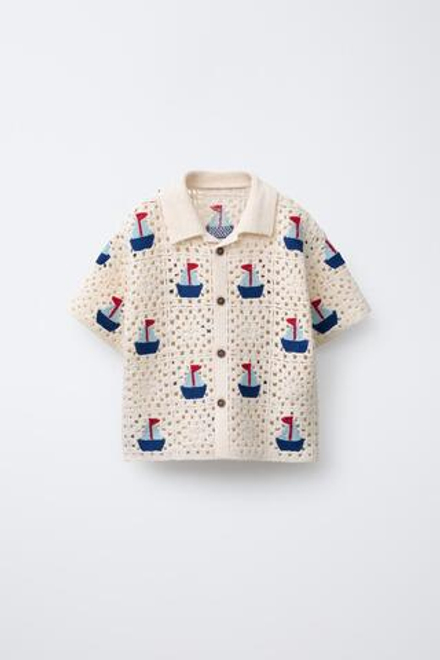 ZARA ТРИКОТАЖНАЯ РУБАШКА ИЗ КРУЖЕВА КРОШЕ, ЭКРЮ