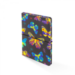 Записная книжка, А6, Yalong, 7БЦ, матовая ламинация, поролон, на резинке, клетка, цветной срез, 80 л., "Бабочки на черном", ассорти