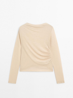Massimo Dutti Футболка из смесовой шерсти со сборкой, бежевый
