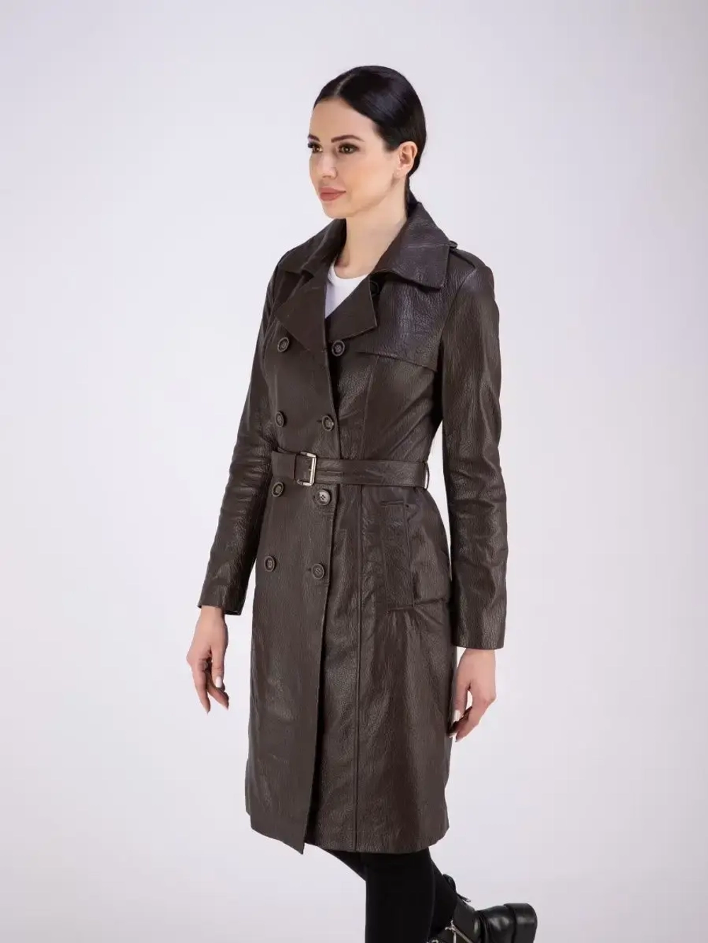 Тренч длинный кожаный с поясом плащ на весну