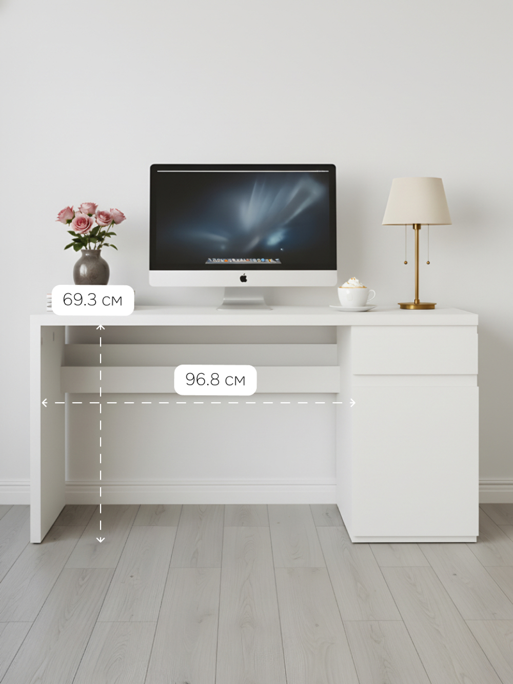 Стол письменный с ящиком и дверью Марм 140х65х72.5 см / белый компьютерный стол с кабель-менеджментом