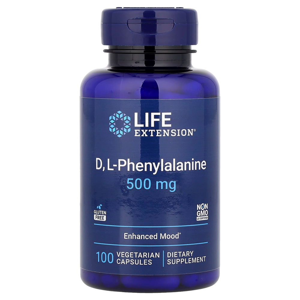 Life Extension, D, L-фенилаланин, 500 мг, 100 вегетарианских капсул