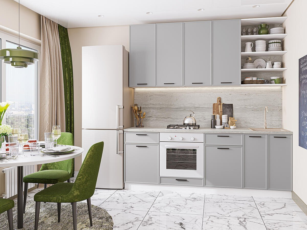 Прямая модульная кухня Фрейм-02 Grey Silk - Белый 2340*2200*600