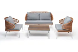 "Милан" лаунж-зона 4-местная плетеная из роупа (веревки), каркас алюминиевый светло-серый, роуп оранжевый меланж