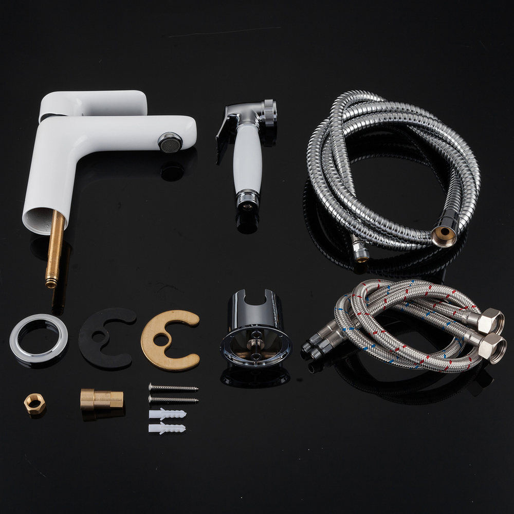 Смеситель для раковины  25к G1048-1 GAPPO с гигиенической лейкой, литой, БЕЛЫЙ-ХРОМ