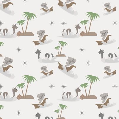 vector pattern, sea, pirate ship, sea monster, island, gray background