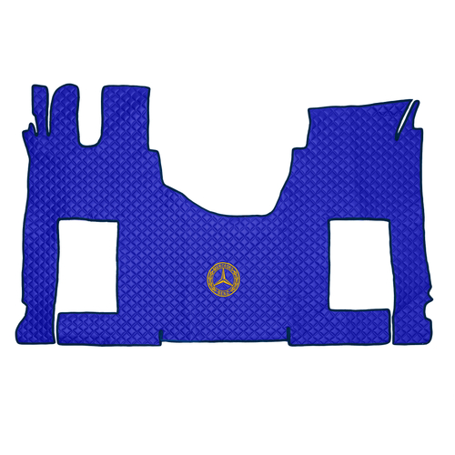 Ковры MERCEDES Actros с 2022 года (Китаец) ровный пол (экокожа, синий, синий кант, желтая вышивка)