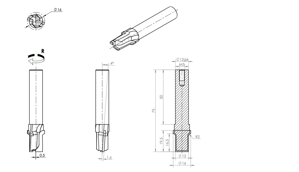 PCD концевая фреза D.16x19,5 S.12x50 Z2