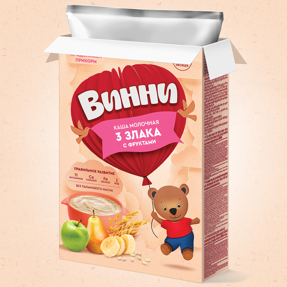 Каша молочная 3 злака с фруктами Винни 200г с 6 месяцев