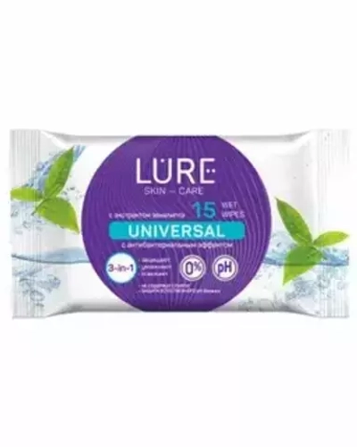 LURE Влажные салфетки Антибактериальные WET WIPES Универсальные 15шт