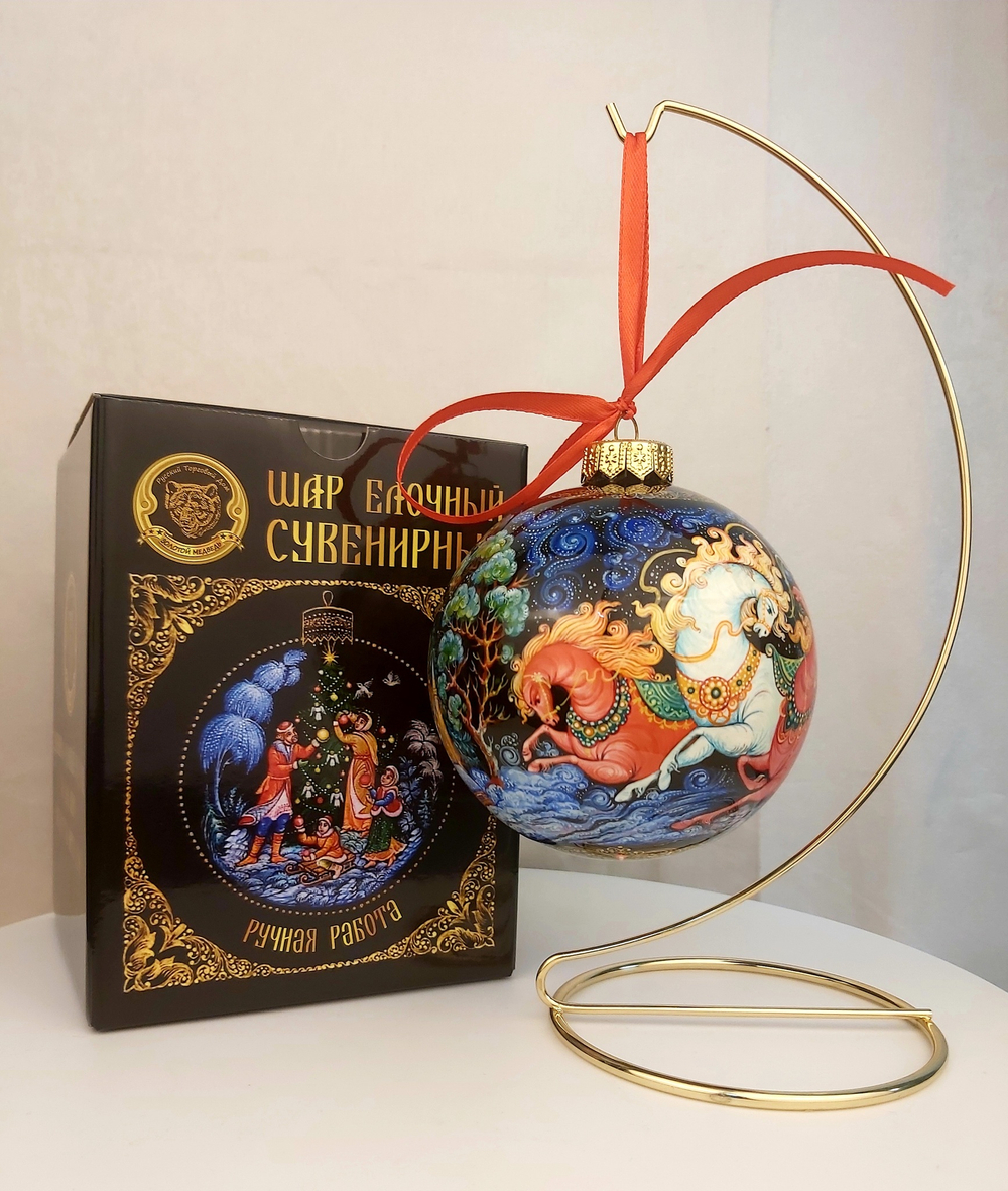 Шар новогодний с круговой росписью Палех"Зимняя тройка" в коробке