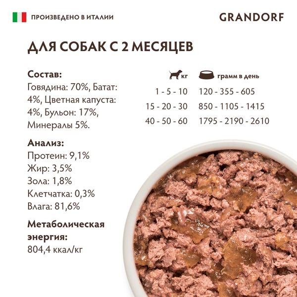 Консервы GRANDORF Dog BeefSwCau для собак, паштет из говядины с бататом и цветной капустой