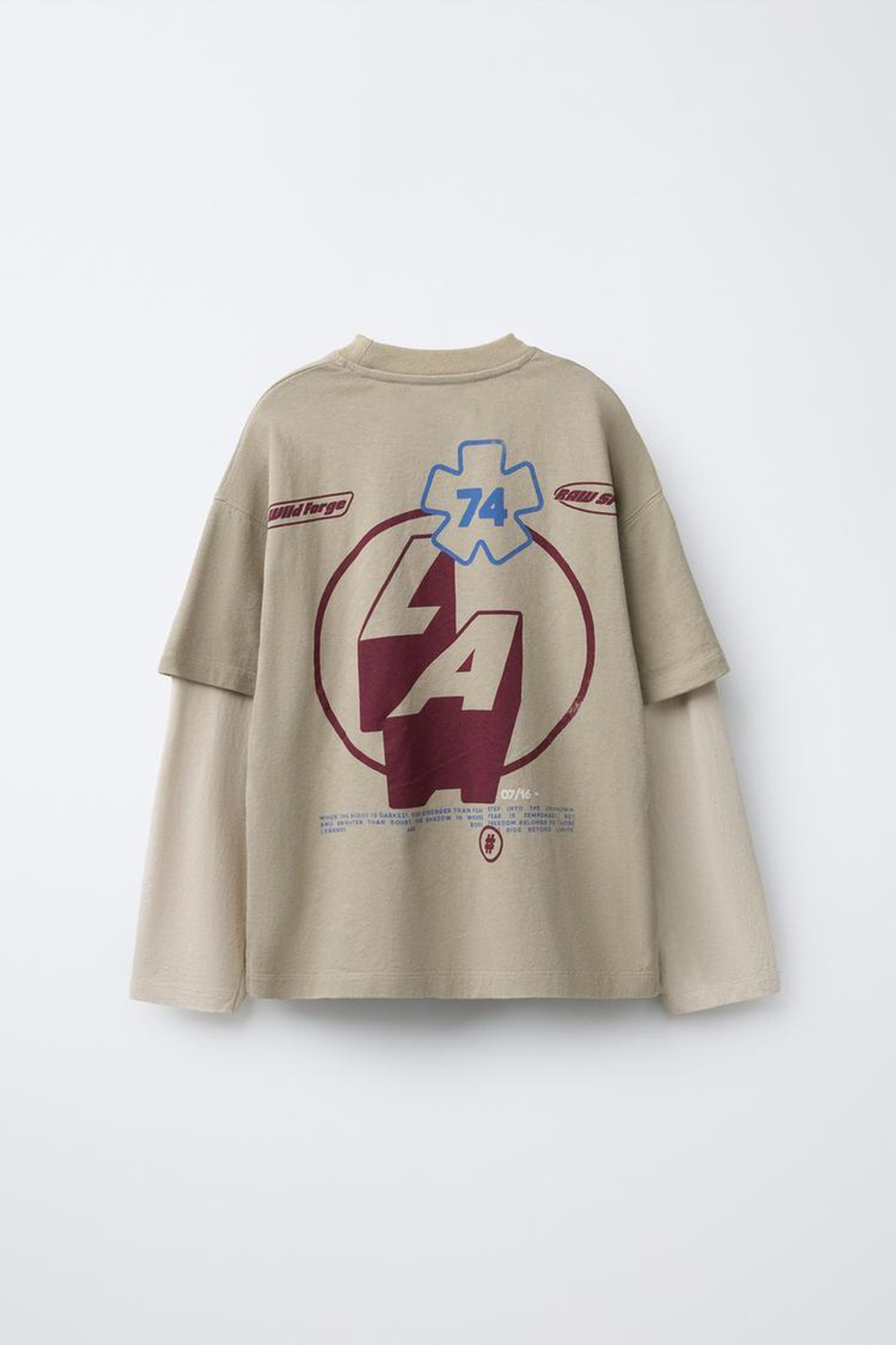 ZARA ФУТБОЛКА С ПРИНТОМ «RIDER» И ДВОЙНЫМИ РУКАВАМИ, СВЕТЛО-КОРИЧНЕВЫЙ