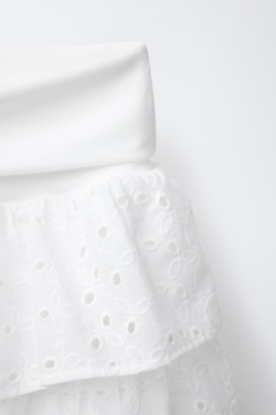 ZARA ЮБКА С ВЫШИВКОЙ ШИФФЛИ И ПОЯСОМ С ОТВОРОТОМ, БЕЛЫЙ