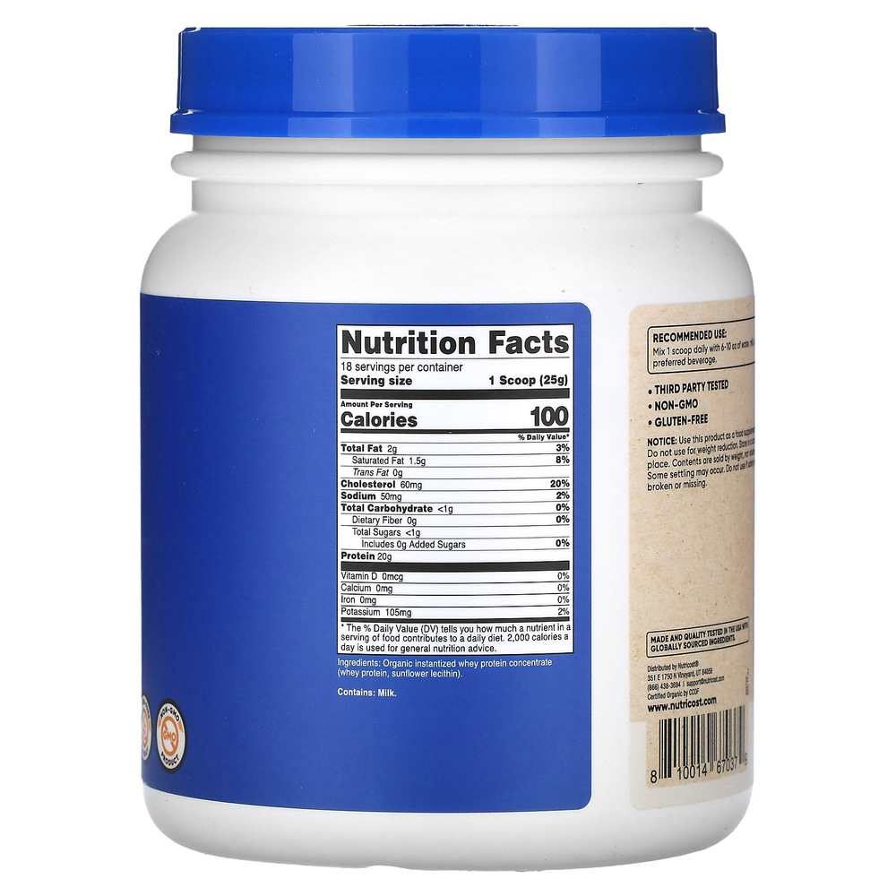 Nutricost, органический сывороточный протеин, без добавок, 454 г (1 фунт)