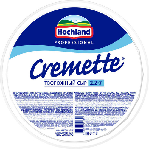 Сыр творожный Hochland Professional Cremette 65%, 2.2кг